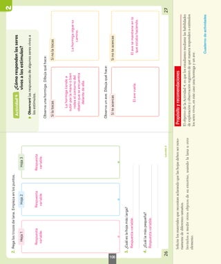 Solicite
los
materiales
que
necesitan
aclarando
que
las
hojas
deben
ser
noto-
riamente
de
diferentes
tamaños.
Invítelos
a
medir
otros
objetos
de
su
entorno,
usando
la
lana
u
otro
elemento.
Propósito
y
recomendaciones
El
objetivo
de
la
Actividad
4,
es
que
los
estudiantes
mediante
las
habilidades
de
exploración
y
observación
registren
de
qué
manera
responden
a
estímulos
los
seres
vivos,
en
este
caso
una
hormiga
y
un
ave.
Cuaderno
de
actividades
106
 