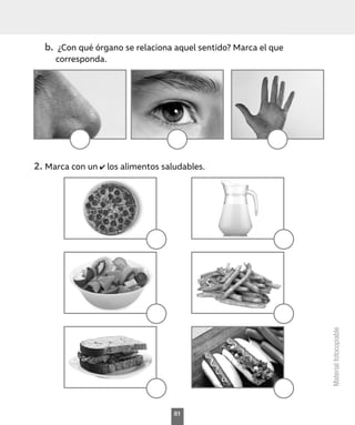 Material
fotocopiable
b.	 ¿Con qué órgano se relaciona aquel sentido? Marca el que
corresponda.
2.	Marca con un los alimentos saludables.
61
 