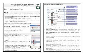 INSTITUTO TECNICO SUPERIOR INDUSTRIAL
TECNOLOGIA E INFORMATICA
Eje Temático: Manipulación de Imágenes
Tema: GIMP - Introducción a las capas
Las Capas
 Las capas son como acetatos puestos unos encima de otros. La parte que no está
rellena en una capa deja ver el contenido de la capa de debajo.
 La ventaja que tiene trabajar con capas es que lo que se haga en una no influye al
contenido de las otras.
 Una capa puede ser borrada, duplicada, combinada con otras.
 A una capa se le puede cambiar el tamaño de forma independiente, se pueden
mover, se les puede cambiar el orden de apilado, etc.
¿Dónde está la herramienta/ventana de las capas?
La ventana de la herramienta Capas, se encuentra en la
sección derecha de GIMP. Si no la puedes ver, debido a que
está oculta, puedes recuperarla desplegando el menú
Ventanas >> Diálogos empotrables >> Capas.
Botones de la ventana de capas
Los botones sirven, de izquierda a derecha, para lo siguiente:
a. Crear una capa nueva.
b. Crear un grupo de capas nuevo
c. Subir la capa seleccionada un nivel dentro de la pila de
capas.
d. Bajar la capa seleccionada un nivel dentro de la pila de
capas.
e. Duplicar la capa activa.
f. Anclar la capa (este botón se activa en algunas operaciones,
como por ejemplo cuando se pega una capa y está
esperando la selección a “ser fijada”).
g. Borrar la capa activa. También se puede borrar una capa
arrastrándola a la papelera.
Descripción de la ventana de capas
• Acceso al menú de capas/Configurar pestaña: Este botón nos permite acceder al
menú de capas.
• Bloqueo de transparencia: Sirve para poder rellenar una capa (con un color sólido o
un patrón) o una parte de ella sin que afecte a las zonas transparentes de la misma.
• Modo de combinación: La forma de combinación de la capa en la imagen lo
elegimos aquí.
• Control de la opacidad: Se puede establecer la transparencia de la capa desplazando
la barra deslizante o introduciendo directamente el porcentaje de opacidad deseado
en el cuadro de texto.
• Nombre de la capa: Sirve para identificar la capa (es útil cuando una imagen está
compuesta por muchas capas). Puede modificarse haciendo doble clic sobre el
nombre de cada capa.
• Capa seleccionada: Se encuentra coloreada e indica que lo que hagamos en la
ventana imagen surtirá efecto en ella.
• Visibilidad de la capa: Si el ojo está visible vemos la capa en la ventana imagen. Si
hacemos clic sobre el ojo, éste desaparece y la capa deja de estar visible en la
ventana imagen.
• Capa enlazada: Este icono (que se activa y desactiva haciendo clic sobre él) permite
la transformación agrupada de todas las capas que están enlazadas.
a b c d e f g
 