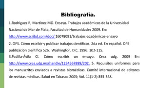 1.Rodríguez R, Martínez MO. Ensayo. Trabajos académicos de la Universidad
Nacional de Mar de Plata, Facultad de Humanidades 2009. En:
http://www.scribd.com/doc/ 16078091/trabajos-académicos-ensayo
2. OPS. Cómo escribir y publicar trabajos científicos. 2da ed. En español. OPS
publicación científica 526. Washington, D.C. 1996: 102-115.
3.Padilla-Ávila CI. Cómo escribir un ensayo. Crea udg. 2009 En:
http://www.crea.udg.mx/handle/1234567889/202. 5. Requisitos uniformes para
los manuscritos enviados a revistas biomédicas. Comité internacional de editores
de revistas médicas. Salud en Tabasco 2005; Vol. 11(1-2):355-368.
 