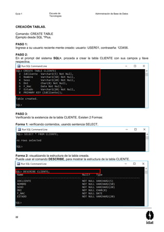 22
Guía 1 Escuela de
Tecnologías
Administración de Base de Datos
CREACIÓN TABLAS.
Comando: CREATE TABLE
Ejemplo desde SQL *Plus.
PASO 1:
Ingrese a su usuario reciente mente creado: usuario: USER01, contraseña: 123456.
PASO 2:
En el prompt del sistema SQL>, proceda a crear la tabla CLIENTE con sus campos y llave
respectiva.
PASO 3:
Verificando la existencia de la tabla CLIENTE. Existen 2 Formas:
Forma 1: verificando contenidos, usando sentencia SELECT.
Forma 2: visualizando la estructura de la tabla creada.
Puede usar el comando DESCRIBE, para mostrar la estructura de la tabla CLIENTE.
 