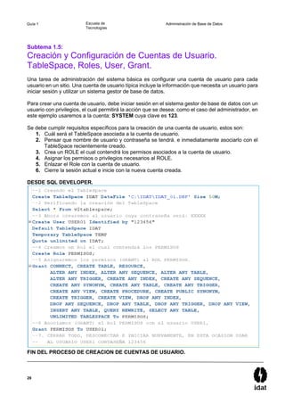 29
Guía 1 Escuela de
Tecnologías
Administración de Base de Datos
Subtema 1.5:
Creación y Configuración de Cuentas de Usuario.
TableSpace, Roles, User, Grant.
Una tarea de administración del sistema básica es configurar una cuenta de usuario para cada
usuario en un sitio. Una cuenta de usuario típica incluye la información que necesita un usuario para
iniciar sesión y utilizar un sistema gestor de base de datos.
Para crear una cuenta de usuario, debe iniciar sesión en el sistema gestor de base de datos con un
usuario con privilegios, el cual permitirá la acción que se desea: como el caso del administrador, en
este ejemplo usaremos a la cuenta: SYSTEM cuya clave es 123.
Se debe cumplir requisitos específicos para la creación de una cuenta de usuario, estos son:
1. Cuál será el TableSpace asociada a la cuenta de usuario.
2. Pensar que nombre de usuario y contraseña se tendrá. e inmediatamente asociarlo con el
TableSpace recientemente creado.
3. Crea un ROLE el cual contendrá los permisos asociados a la cuenta de usuario.
4. Asignar los permisos o privilegios necesarios al ROLE.
5. Enlazar el Role con la cuenta de usuario.
6. Cierre la sesión actual e inicie con la nueva cuenta creada.
DESDE SQL DEVELOPER.
FIN DEL PROCESO DE CREACION DE CUENTAS DE USUARIO.
 