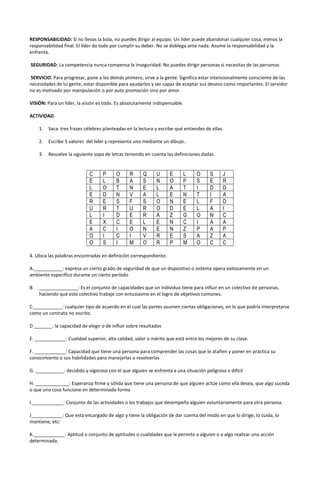 RESPONSABILIDAD: Si no llevas la bola, no puedes dirigir al equipo. Un líder puede abandonar cualquier cosa, menos la
responsabilidad final. El líder da todo por cumplir su deber. No se doblega ante nada. Asume la responsabilidad y la
enfrenta.
SEGURIDAD: La competencia nunca compensa la inseguridad. No puedes dirigir personas si necesitas de las personas.
SERVICIO: Para progresar, pone a los demás primero, sirve a la gente. Significa estar intencionalmente consciente de las
necesidades de tu gente, estar disponible para ayudarlos y ser capaz de aceptar sus deseos como importantes. El servidor
no es motivado por manipulación o por auto promoción sino por amor.
VISIÓN: Para un líder, la visión es todo. Es absolutamente indispensable.
ACTIVIDAD
1.

Saca tres frases célebres planteadas en la lectura y escribe qué entiendes de ellas.

2.

Escribe 5 valores del líder y representa uno mediante un dibujo..

3.

Resuelve la siguiente sopa de letras teniendo en cuenta las definiciones dadas.

C
E
L
E
R
U
L
E
A
O
O

P
L
O
D
E
R
I
X
C
I
S

O
B
T
N
S
T
D
C
I
C
I

R
A
N
V
F
U
E
E
O
I
M

Q
S
E
A
S
R
R
L
N
V
O

U
N
L
L
O
O
A
E
E
R
R

E
O
A
E
N
D
Z
N
N
E
P

L
P
T
N
E
E
G
C
Z
S
M

O
S
I
T
L
L
O
I
P
A
O

S
E
D
I
F
A
N
A
A
Z
C

J
R
D
A
D
I
C
A
P
A
C

4. Ubica las palabras encontradas en definición correspondiente.
A.___________: expresa un cierto grado de seguridad de que un dispositivo o sistema opera exitosamente en un
ambiente específico durante un cierto período
B.

_______________: Es el conjunto de capacidades que un individuo tiene para influir en un colectivo de personas,
haciendo que este colectivo trabaje con entusiasmo en el logro de objetivos comunes.

C.___________: cualquier tipo de acuerdo en el cual las partes asumen ciertas obligaciones, en lo que podría interpretarse
como un contrato no escrito.
D _______: la capacidad de elegir o de influir sobre resultados
E. ____________: Cualidad superior, alta calidad, valor o mérito que está entre los mejores de su clase.
F. ____________: Capacidad que tiene una persona para comprender las cosas que le atañen y poner en práctica su
conocimiento o sus habilidades para manejarlas o resolverlas
G. ___________: decidido y vigoroso con el que alguien se enfrenta a una situación peligrosa o difícil
H. _____________: Esperanza firme y sólida que tiene una persona de que alguien actúe como ella desea, que algo suceda
o que una cosa funcione en determinada forma
I.____________: Conjunto de las actividades o los trabajos que desempeña alguien voluntariamente para otra persona.
J____________: Que está encargado de algo y tiene la obligación de dar cuenta del modo en que lo dirige, lo cuida, lo
mantiene, etc:
K.____________: Aptitud o conjunto de aptitudes o cualidades que le permite a alguien o a algo realizar una acción
determinada.

 