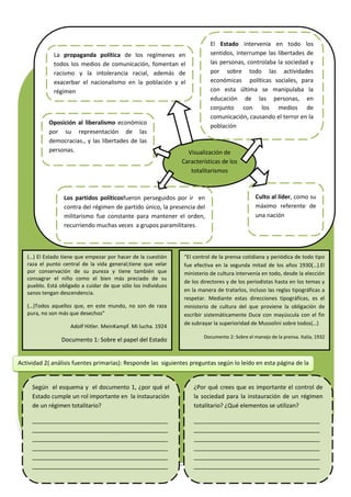 Visualización de
Características de los
totalitarismos
La propaganda política de los regímenes en
todos los medios de comunicación, fomentan el
racismo y la intolerancia racial, además de
exacerbar el nacionalismo en la población y el
régimen
El Estado intervenía en todo los
sentidos, interrumpe las libertades de
las personas, controlaba la sociedad y
por sobre todo las actividades
económicas políticas sociales, para
con esta última se manipulaba la
educación de las personas, en
conjunto con los medios de
comunicación, causando el terror en la
población
Oposición al liberalismo económico
por su representación de las
democracias., y las libertades de las
personas.
Los partidos políticosfueron perseguidos por ir en
contra del régimen de partido único, la presencia del
militarismo fue constante para mantener el orden,
recurriendo muchas veces a grupos paramilitares.
Culto al líder, como su
máximo referente de
una nación
(…) El Estado tiene que empezar por hacer de la cuestión
raza el punto central de la vida general;tiene que velar
por conservación de su pureza y tiene también que
consagrar el niño como el bien más preciado de su
pueblo. Está obligado a cuidar de que sólo los individuos
sanos tengan descendencia.
(…)Todos aquellos que, en este mundo, no son de raza
pura, no son más que desechos”
Adolf Hitler. MeinKampf. Mi lucha. 1924
Documento 1: Sobre el papel del Estado
“El control de la prensa cotidiana y periódica de todo tipo
fue efectiva en la segunda mitad de los años 1930(…).El
ministerio de cultura intervenía en todo, desde la elección
de los directores y de los periodistas hasta en los temas y
en la manera de tratarlos, incluso las reglas tipográficas a
respetar. Mediante estas direcciones tipográficas, es el
ministerio de cultura del que proviene la obligación de
escribir sistemáticamente Duce con mayúscula con el fin
de subrayar la superioridad de Mussolini sobre todos(…)
Documento 2: Sobre el manejo de la prensa. Italia, 1932
Actividad 2( análisis fuentes primarias): Responde las siguientes preguntas según lo leído en esta página de la
guía.
Según el esquema y el documento 1, ¿por qué el
Estado cumple un rol importante en la instauración
de un régimen totalitario?
__________________________________________
__________________________________________
__________________________________________
__________________________________________
__________________________________________
__________________________________________
________
¿Por qué crees que es importante el control de
la sociedad para la instauración de un régimen
totalitario? ¿Qué elementos se utilizan?
_______________________________________
_______________________________________
_______________________________________
_______________________________________
_______________________________________
_______________________________________
_________________
 