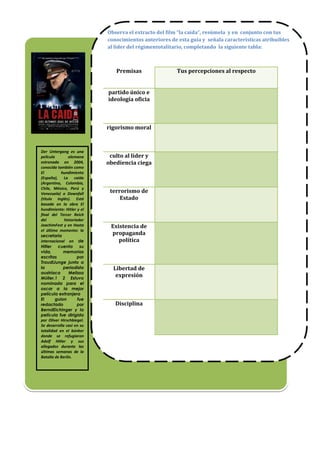 Premisas Tus percepciones al respecto
partido único e
ideología oficia
rigorismo moral
culto al líder y
obediencia ciega
terrorismo de
Estado
Existencia de
propaganda
política
Libertad de
expresión
Disciplina
Observa el extracto del film “la caída”, resúmela y en conjunto con tus
conocimientos anteriores de esta guía y señala características atribuibles
al líder del régimentotalitario, completando la siguiente tabla:
Der Untergang es una
película alemana
estrenada en 2004,
conocida también como
El hundimiento
(España), La caída
(Argentina, Colombia,
Chile, México, Perú y
Venezuela) o Downfall
(título inglés). Está
basada en la obra El
hundimiento: Hitler y el
final del Tercer Reich
del historiador
JoachimFest y en Hasta
el último momento: la
secretaria
internacional en de
Hitler cuenta su
vida, memorias
escritas por
TraudlJunge junto a
la periodista
austríaca Melissa
Müller.1 2 Estuvo
nominada para el
oscar a la mejor
película extranjera
El guion fue
redactado por
BerndEichinger y la
película fue dirigida
por Oliver Hirschbiegel.
Se desarrolla casi en su
totalidad en el búnker
donde se refugiaron
Adolf Hitler y sus
allegados durante las
últimas semanas de la
Batalla de Berlín.
 