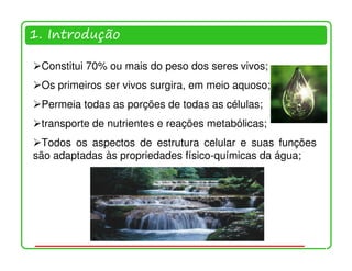 1. Introdução

 Constitui 70% ou mais do peso dos seres vivos;
 Os primeiros ser vivos surgira, em meio aquoso;
 Permeia todas as porções de todas as células;
 transporte de nutrientes e reações metabólicas;
  Todos os aspectos de estrutura celular e suas funções
são adaptadas às propriedades físico-químicas da água;




                                                          1
 