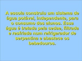 A escola construiu um sistema de água potável, independente, para o consumo dos alunos. Essa água é tratada pela cedae, filtrada e resfriada num refrigerador de serpentina e abastece os bebedouros. 
