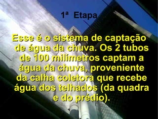 1ª  Etapa Esse é o sistema de captação de água da chuva. Os 2 tubos de 100 milímetros captam a água da chuva, proveniente da calha coletora que recebe água dos telhados (da quadra e do prédio). 