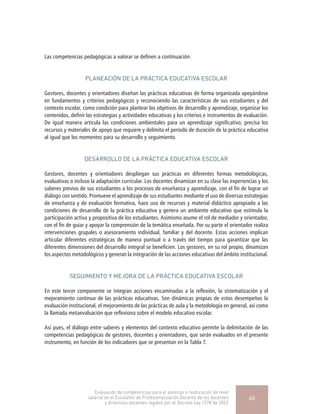 Las competencias pedagógicas a valorar se definen a continuación.
PLANEACIÓN DE LA PRÁCTICA EDUCATIVA ESCOLAR
Gestores, docentes y orientadores diseñan las prácticas educativas de forma organizada apoyándose
en fundamentos y criterios pedagógicos y reconociendo las características de sus estudiantes y del
contexto escolar, como condición para plantear los objetivos de desarrollo y aprendizaje, organizar los
contenidos, definir las estrategias y actividades educativas y los criterios e instrumentos de evaluación.
De igual manera articula las condiciones ambientales para un aprendizaje significativo, precisa los
recursos y materiales de apoyo que requiere y delimita el periodo de duración de la práctica educativa
al igual que los momentos para su desarrollo y seguimiento.
DESARROLLO DE LA PRÁCTICA EDUCATIVA ESCOLAR
Gestores, docentes y orientadores despliegan sus prácticas en diferentes formas metodológicas,
evaluativas o incluso la adaptación curricular. Los docentes dinamizan en su clase las experiencias y los
saberes previos de sus estudiantes a los procesos de enseñanza y aprendizaje, con el fin de lograr un
diálogo con sentido. Promueve el aprendizaje de sus estudiantes mediante el uso de diversas estrategias
de enseñanza y de evaluación formativa, hace uso de recursos y material didáctico apropiado a las
condiciones de desarrollo de la práctica educativa y genera un ambiente educativo que estimula la
participación activa y propositiva de los estudiantes. Asimismo asume el rol de mediador y orientador,
con el fin de guiar y apoyar la comprensión de la temática enseñada. Por su parte el orientador realiza
intervenciones grupales o asesoramiento individual, familiar y del docente. Estas acciones implican
articular diferentes estratégicas de manera puntual o a través del tiempo para garantizar que las
diferentes dimensiones del desarrollo integral se beneficien. Los gestores, en su rol propio, dinamizan
los aspectos metodológicos y generan la integración de las acciones educativas del ámbito institucional.
SEGUIMIENTO Y MEJORA DE LA PRÁCTICA EDUCATIVA ESCOLAR
En este tercer componente se integran acciones encaminadas a la reflexión, la sistematización y el
mejoramiento continuo de las prácticas educativas. Son dinámicas propias de estos desempeños la
evaluación institucional, el mejoramiento de las prácticas de aula y la metodología en general, así como
la llamada metaevaluación que reflexiona sobre el modelo educativo escolar.
Así pues, el diálogo entre saberes y elementos del contexto educativo permite la delimitación de las
competencias pedagógicas de gestores, docentes y orientadores, que serán evaluados en el presente
instrumento, en función de los indicadores que se presentan en la Tabla 7.
Evaluación de competencias para el ascenso o reubicación de nivel
salarial en el Escalafón de Profesionalización Docente de los docentes
y directivos docentes regidos por el Decreto Ley 1278 de 2002
40
 
