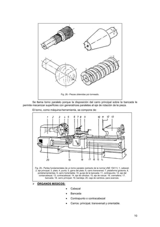 Fig. 28.- Piezas obtenidas por torneado.
Se llama torno paralelo porque la disposición del carro principal sobre la bancada le
permite mecanizar superficies con generatrices paralelas al eje de rotación de la pieza.
El torno, como máquina-herramienta, se compone de:
Fig. 29.- Partes fundamentales de un torno paralelo (extracto de la norma UNE 15411): 1, cabezal;
2, eje principal; 3, plato; 4, punto; 5, garra del plato; 6, carro transversal; 7, plataforma giratoria; 8,
portaherramientas; 9, carro horientable; 10, guías de la bancada; 11, contrapunto; 12, eje del
contarcabezal; 13, contracabezal; 14, eje de cilindrar; 15, eje de roscar; 16, cremallera; 17,
bancada; 18, carro principal; 19, bandeja; 20, caja de cambios, para avances.
ÓRGANOS MÁSICOS:
• Cabezal
• Bancada
• Contrapunto o contracabezal
• Carros: principal, transversal y orientable.
10
 
