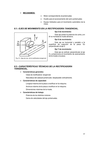 MECANISMOS:
• Motor correspondiente al portamuelas
• Husiilo para el accionamiento del carro portamuelas
• Equipo hidráulico para el movimiento automático de la
mesa.
8.1.- EJES DE MOVIMIENTO EN LA RECTIFICADORA TANGENCIAL.
Eje Z de movimiento:
Fig. 41.- Ejes de mov. de la rectificadora tangencial
Este eje posee la potencia de corte y en
él va montada la muela abrasiva.
Eje X de movimiento:
Este eje es horizontal y paralelo a la
superficie de sujección de la pieza. Es
perpendicular al eje Z.
Eje Y de movimiento:
Este eje es vertical, perpendicular al eje
X y proporciona el movimiento de acercamiento
de la muela a la pieza.
8.2.- CARACTERÍSTICAS TÉCNICAS DE LA RECTIFICADORA
TANGENCIAL.
Características generales:
Clase de rectificadora: tangencial.
Naturaleza del cabezal portamuela: desplazable verticalmente.
Características de capacidad:
Longitud máxima de la pieza a rectificar en la máquina.
Anchura máxima de la pieza a rectificar en la máquina.
Dimensiones máximas de la muela.
Características de trabajo:
Potencia de los distintos motores.
Gama de velocidades del eje portamuelas.
17
 