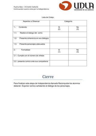 Paulina Báez – Christofer Gallardo 
Continuando nuestro visita por la Independencia. 
Lista de Cotejo: 
Aspectos a Observar 
Categoría 
1.- Contenido 
Si 
(2) 
No 
(0) 
1.1- Realizo el dialogo del comic 
1.2- Presenta coherencia en sus diálogos 
1.3- Presenta personajes adecuados 
2.- Formalidad 
Sí 
(1) 
No 
(0) 
2.1.- Cumple con el número de viñetas 
2.2.- presenta comics ante sus compañeros 
Cierre 
Para finalizar esta etapa de Independencia llamada Reconquista los alumnos deberán: Exponer comics señalando el diálogo de los personajes. 
 