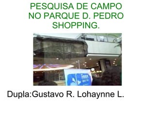 PESQUISA DE CAMPO
     NO PARQUE D. PEDRO
          SHOPPING.




Dupla:Gustavo R. Lohaynne L.
   :
 