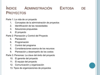 ÍNDICE  ADMINISTRACIÓN                               EXITOSA   DE
PROYECTOS
Parte 1: La vida de un proyecto
    1. Conceptos de la administración de proyectos
    2. Identificación de las necesidades
    3. Soluciones propuestas
    4. El proyecto
Parte 2: Planeación y Control del Proyecto
    5. Planeación
    6. Programación
    7. Control del programa
    8. Consideraciones acerca de los recursos
    9. Planeación y desempeño de los costos
Parte 3: Personas: La clave del éxito del proyecto
    10. El gerente del proyecto
    11. El equipo del proyecto
    12. Comunicación y organización
    13. Tipos de organizaciones de proyectos
 