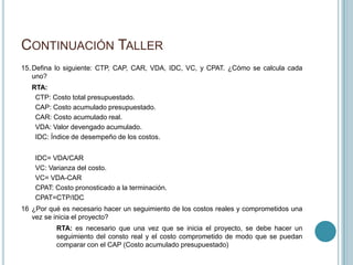 CONTINUACIÓN TALLER
15. Defina lo siguiente: CTP, CAP, CAR, VDA, IDC, VC, y CPAT. ¿Cómo se calcula cada
    uno?
   RTA:
    CTP: Costo total presupuestado.
    CAP: Costo acumulado presupuestado.
    CAR: Costo acumulado real.
    VDA: Valor devengado acumulado.
    IDC: Índice de desempeño de los costos.


    IDC= VDA/CAR
    VC: Varianza del costo.
    VC= VDA-CAR
    CPAT: Costo pronosticado a la terminación.
    CPAT=CTP/IDC
16 ¿Por qué es necesario hacer un seguimiento de los costos reales y comprometidos una
   vez se inicia el proyecto?
          RTA: es necesario que una vez que se inicia el proyecto, se debe hacer un
          seguimiento del consto real y el costo comprometido de modo que se puedan
          comparar con el CAP (Costo acumulado presupuestado)
 