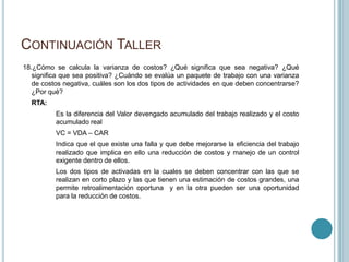 CONTINUACIÓN TALLER
18.¿Cómo se calcula la varianza de costos? ¿Qué significa que sea negativa? ¿Qué
   significa que sea positiva? ¿Cuándo se evalúa un paquete de trabajo con una varianza
   de costos negativa, cuáles son los dos tipos de actividades en que deben concentrarse?
   ¿Por qué?
  RTA:
          Es la diferencia del Valor devengado acumulado del trabajo realizado y el costo
          acumulado real
          VC = VDA – CAR
          Indica que el que existe una falla y que debe mejorarse la eficiencia del trabajo
          realizado que implica en ello una reducción de costos y manejo de un control
          exigente dentro de ellos.
          Los dos tipos de activadas en la cuales se deben concentrar con las que se
          realizan en corto plazo y las que tienen una estimación de costos grandes, una
          permite retroalimentación oportuna y en la otra pueden ser una oportunidad
          para la reducción de costos.
 