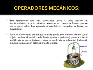  Son operadores que van conectados entre si para permitir el
funcionamiento de una máquina, teniendo en cuenta la fuerza que se
ejerce sobre ellos. Los operadores mecánicos convierten la fuerza en
movimiento.
 Tanto el movimiento de entrada y el de salida son lineales, tienen como
objeto cambiar el sentido de la fuerza (palanca polipasto) para cambiar el
sentido de la fuerza (polea) y variar el punto de la aplicación (palanca);
algunos ejemplos son palanca, muelle y rueda.
 