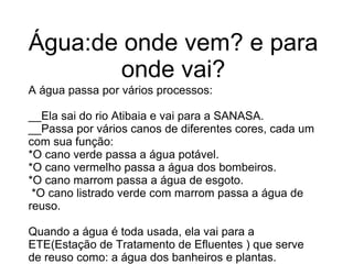 Água:de onde vem? e para
        onde vai?
A água passa por vários processos:

__Ela sai do rio Atibaia e vai para a SANASA.
__Passa por vários canos de diferentes cores, cada um
com sua função:
*O cano verde passa a água potável.
*O cano vermelho passa a água dos bombeiros.
*O cano marrom passa a água de esgoto.
 *O cano listrado verde com marrom passa a água de
reuso.

Quando a água é toda usada, ela vai para a
ETE(Estação de Tratamento de Efluentes ) que serve
de reuso como: a água dos banheiros e plantas.
 