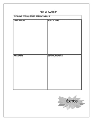 “DE MI BARRIO” 
ENTORNO TECNOLÓGICO COMUNITARIO: B/ ____________________ 
DEBILIDADES 
FORTALEZAS 
AMENAZAS 
OPORTUNIDADES 
 