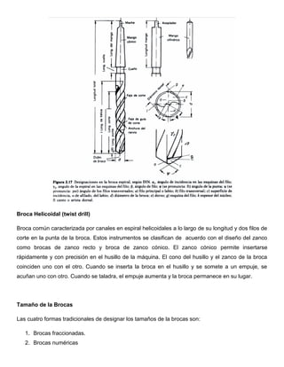 Broca Helicoidal (twist drill)
Broca común caracterizada por canales en espiral helicoidales a lo largo de su longitud y dos filos de
corte en la punta de la broca. Estos instrumentos se clasifican de acuerdo con el diseño del zanco
como brocas de zanco recto y broca de zanco cónico. El zanco cónico permite insertarse
rápidamente y con precisión en el husillo de la máquina. El cono del husillo y el zanco de la broca
coinciden uno con el otro. Cuando se inserta la broca en el husillo y se somete a un empuje, se
acuñan uno con otro. Cuando se taladra, el empuje aumenta y la broca permanece en su lugar.
Tamaño de la Brocas
Las cuatro formas tradicionales de designar los tamaños de la brocas son:
1. Brocas fraccionadas.
2. Brocas numéricas
 