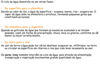 O ciclo da água desenrola-se em varias fases :
• Da superfície para a atmosfera
Devido ao calor do Sol, a água da superfície – oceanos, mares, rios – evapora-se. O
vapor da água sobe na atmosfera e arrefece, formando pequenas gotas que
constituem as nuvens.
• Da atmosfera para a superfície
Quando as gotículas de água que formam as nuvens se acumulam e se tornam
pesadas, caem em forma de precipitação: chuva, neve ou granizo, conforme se dê
menor ou maior arrefecimento.
• Da terra para o mar
Ao cair da terra a água pode ter vários destinos: evaporar-se, infiltrasse na terra
ou circular na superfície em ribeiros e rios que iram levar novamente ao mar.
Os seres vivos também intervêm no ciclo da água, pois através da alimentação,
transpiração e respiração movimentam grande quantidade de água.
 
