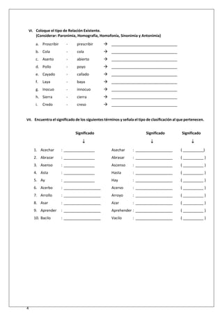 4
VI. Coloque el tipo de Relación Existente.
(Considerar: Paronimia, Homografía, Homofonía, Sinonimia y Antonimia)
a. Proscribir - prescribir  ________________________________
b. Cola - cola  ________________________________
c. Aserto - abierto  ________________________________
d. Pollo - poyo  ________________________________
e. Cayado - callado  ________________________________
f. Laya - baya  ________________________________
g. Inocuo - innocuo  ________________________________
h. Sierra - cierra  ________________________________
i. Credo - creso  ________________________________
VII. Encuentra el significado de los siguientes términos y señala el tipo de clasificación al que pertenecen.
Significado Significado Significado
  
1. Acechar : _______________ Asechar : __________________ ( __________)
2. Abrazar : _______________ Abrasar : __________________ ( __________ )
3. Asenso : _______________ Ascenso : __________________ ( __________ )
4. Asta : _______________ Hasta : __________________ ( __________ )
5. Ay : _______________ Hay : __________________ ( __________ )
6. Acerbo : __________________ Acervo : __________________ ( __________ )
7. Arrollo : __________________ Arroyo : __________________ ( __________ )
8. Asar : __________________ Azar : __________________ ( __________ )
9. Aprender : __________________ Aprehender : __________________ ( __________ )
10. Bacilo : __________________ Vacilo : __________________ ( __________ )
 