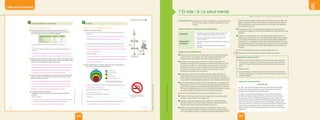 Unidad
6
LIBRO DE ACTIVIDADES
COMPRENDE Y USA CONOCIMIENTOS CIENTÍFICOS _____________________________
23 Observa el esquema y contesta.
• Explica brevemente lo que ha sucedido para que se lleguen a formar células
cancerosas.
__________________________________________________________________
__________________________________________________________________
__________________________________________________________________
• ¿Qué características diferencian a las células cancerosas de las células sanas?
__________________________________________________________________
__________________________________________________________________
__________________________________________________________________
• ¿Qué es la metástasis?
__________________________________________________________________
__________________________________________________________________
__________________________________________________________________
24 Analiza el gráfico sobre los factores de riesgo que inciden en la generación de
cáncer. Luego, contesta las preguntas propuestas.
• ¿Cuáles son los dos factores de riesgo más importantes para desarrollar cáncer?
__________________________________________________________________
• ¿Qué factor de riesgo es el menos importante?
__________________________________________________________________
• ¿Qué factores de riesgo observas en tu familia?
__________________________________________________________________
__________________________________________________________________
• ¿Consumir alcohol y tabaco incrementan la posibilidad de desarrollar cáncer?
__________________________________________________________________
El cáncer
6
El consumo de tabaco causa
el 22% de las muertes por cáncer
en el mundo.
Factores que inciden en el 30% de los
fallecimientos por cáncer en el mundo.
Consumo de tabaco
Riesgos
Obesidad
Falta de actividad física
Baja ingesta de frutas y verduras
Consumo de alcohol
Célula
sana
Células
cancerosas
Segunda mutación
y proliferación
Inestabilidad
genómica
Primera
mutación
EXPLICA EL MUNDO FÍSICO
Las células cancerosas se han producido por la aparición de mutaciones que han desestabilizado
la integridad del genoma (ADN) y han hecho que las células proliferen en gran número.
Las células cancerosas presentan una estructura interna anormal y un metabolismo alterado, se
dividen sin control y pueden formar tumores y esparcirse por el cuerpo. Las células normales, además,
cumplen con los pasos del ciclo celular.
En un principio, las células cancerosas se agrupan para constituir un tumor primario. Una vez formado
este, las células pueden comenzar a desprenderse del tumor y transitar hacia otras partes del cuerpo,
este proceso se denomina metástasis.
Consumo de tabaco y falta de actividad física.
La baja ingesta de frutas y verduras.
Respuesta libre.
Sí, el consumo de tabaco es el factor número 1, y el consumo de alcohol, el factor 4.
107
UNIDAD 6
©
Santillana
S.
A.
Prohibido
fotocopiar.
D.
L.
822
PE0000000000472 LABIO_102_109U6s_5284.indd 107 7/22/16 11:41 AM
EVALÚA LAS IMPLICANCIAS DEL SABER________________________________________
19 En los pulmones se intercambia oxígeno y dióxido de carbono. Por eso,
la composición del aire que entra a los pulmones (aire inspirado) es distinta
de la composición del aire que sale de ellos (aire espirado).
Composición del aire Inspirado Espirado
Oxígeno 21% 17%
Nitrógeno 79% 79%
Dióxido de carbono Muy poco 4%
• ¿Qué porcentaje del oxígeno inspirado es retenido en los pulmones?
__________________________________________________________________
• En una enfermedad como el asma, ¿por qué es peligroso que se alteren estos
valores?
__________________________________________________________________
__________________________________________________________________
20 Investiga sobre la obesidad y sus efectos sobre la salud en las personas. Luego,
responde la siguiente pregunta: ¿Podemos decir que una persona obesa tarde o
temprano sufrirá una enfermedad cardiovascular? Explica.
____________________________________________________________________
____________________________________________________________________
____________________________________________________________________
____________________________________________________________________
21 ¿Por qué las enfermedades degenerativas y las autoinmunes presentan síntomas
parecidos? ¿Puede un tumor maligno en un órgano producir también un efecto
parecido? Razona tus respuestas.
____________________________________________________________________
____________________________________________________________________
____________________________________________________________________
____________________________________________________________________
22 Lee la siguiente afirmación y responde:
“La genética y los factores ambientales se reparten por igual en el origen de
las alergias”.
• ¿Qué es la alergia?
__________________________________________________________________
• ¿La respuesta consiste en la producción de antígenos o de anticuerpos?
__________________________________________________________________
Las enfermedades no infecciosas
5
4%
En el asma se obstruyen los bronquios, dificultando la respiración. Una disminución de los niveles de
oxígeno puede afectar a las células del cuerpo. El dióxido de carbono es tóxico en cantidades altas.
La obesidad es una enfermedad metabólica en donde se acumula tejido adiposo en exceso. La obesidad
se asocia a numerosos factores de riesgo cardiovasculares, como dislipidemia, hipertensión, diabetes,
marcadores inflamatorios y estado protrombótico. En vista de esta información, podemos decir que es
muy probable que una persona obesa sufra de algún tipo de enfermedad cardiovascular.
Tanto en las enfermedades degenerativas como en las autoinmunes se produce la muerte progresiva
de las células de un tejido u órgano, presentando, por lo tanto, síntomas parecidos. Un tumor maligno
provoca la muerte de las células que lo rodean, y sus consecuencias en los tejidos son parecidas a las
enfermedades mencionadas, por lo que es de esperar que los síntomas sean similares.
Es una reacción de hipersensibilidad en la que se produce una respuesta exagerada del sistema inmune.
En la producción de anticuerpos ante el primer contacto con el antígeno (alérgeno).
106
©
Santillana
S.
A.
Prohibido
fotocopiar.
D.
L.
822
PE0000000000472 LABIO_102_109U6s_5284.indd 106 7/22/16 11:41 AM
otros. Estas enfermedades pueden afectar a personas de cualquier edad, raza,
religión o situación económica. Se manifiestan en trastornos del razonamiento,
del comportamiento, de la facultad de reconocer la realidad y de adaptarse a
las condiciones de la vida.
Formar grupos y pedir a los estudiantes que elaboren una presentación en
PowerPoint que explique el mecanismo de manifestación y desarrollo del mal de
Alzhéimer.
Explicar a los estudiantes que, en la actualidad, debido a la eficiencia en el
diagnóstico de muchos trastornos, se pueden catalogar alteraciones que antes
no se conocían. Por ejemplo, hace unas décadas, a los déficits del desarrollo
que afectaban a la socialización y generaban conductas repetitivas o inusuales
se le denominaba autismo. Hoy, además de conocerse diversos niveles de esta
enfermedad, se han establecido diferencias significativas con el síndrome de
Asperger.
Pedir a los estudiantes que realicen las actividades 29 a la 32.
Desarrollar con los estudiantes la secuencia digital del portafolio.
Solucionario ¿Cómo vamos?
10. Debido a que no se han modificado las conductas de riesgo. Entre ellas
se encuentran: compartir la misma jeringa, tener relaciones sexuales sin
protección, realizar transfusiones de sangre infectada con el virus, entre
otras.
11. Respuesta libre
12. Las enfermedades mentales se producen por la interacción de factores
biológicos, psicológicos y sociales. Se ha demostrado que algunas tienen
una base genética.
Información complementaria
Historia del sida
En 1981, una de las principales causas de muerte de nuestro tiempo
irrumpió en la escena mundial. La nueva enfermedad se denominó
síndrome de inmunodeficiencia adquirida (sida).
Su causa, el virus de inmunodeficiencia humana (VIH), se identificó
en 1983. Se propaga, fundamentalmente, a través del contacto sexual
sin protección, el uso compartido de jeringas, así como a través de
transfusiones de sangre contaminada. Durante las décadas posteriores,
el índice de infección aumentó de manera considerable, al igual que el
índice de muertes. Con el tiempo, los nuevos tratamientos antirretrovirales
comenzaron a prolongar las vidas de aquellos que estaban infectados.
A partir del 2007, el porcentaje de personas que vivían con VIH se había
estabilizado.
Texto escolar (págs. 134-137) Libro de actividades (págs. 108 y 109)
Competencia: Explica el mundo físico basándose en conocimientos sobre
los seres vivos; materia y energía; biodiversidad, Tierra y
universo.
Capacidades y desempeños precisados
Capacidad
• Comprende y usa conocimientos sobre los seres vivos;
materia y energía; biodiversidad, Tierra y universo.
Desempeños
precisados
• Explica las características del sida y las etapas de
infección del VIH.
• Identifica las causas de contagio del VIH y el tratamiento
del sida.
• Describe las características de las enfermedades
mentales.
Sugerencias didácticas
Presentar la información sobre el sida a partir de la pregunta del recuadro
“¿Qué recuerdo?” de la página 134. Invitar a algunos estudiantes que
compartan sus respuestas con los demás compañeros del aula.
Explicar el mecanismo de acción del virus VIH que se presenta en la
ilustración de la página 134. Comentar que el sida es producido por el VIH,
que ataca a los linfocitos T y los destruye causando la disminución de las
defensas. Finalmente, se producen múltiples infecciones que deterioran
el organismo y pueden causar la muerte. La infección tiene una fase
asintomática que puede durar varios años.
Señalar que el contacto sexual conlleva un elevado riesgo de contagio de
enfermedades infecciosas, ya que se produce un contacto entre mucosas y
fluidos corporales, como la saliva, el semen; los fluidos vaginales o la sangre, en
los que pueden presentarse agentes patógenos, como hongos, bacterias o virus.
Invitar a los estudiantes a leer el recuadro “Para saber más” de la página 135
sobre la vacuna contra el VIH. Luego, formular la siguiente pregunta: ¿Por qué
es tan difícil encontrar una cura a esta enfermedad?. Destacar que el virus del
VIH muta muy rápidamente por ello, aún no ha sido posible inventar una vacuna
que pueda proteger a las personas de todas las variaciones del VIH.
Indicar a los estudiantes que realicen las actividades 25 a la 28.
Presentar la información sobre la salud mental a partir de la pregunta del
recuadro “¿Qué recuerdo?” de la página 136.
Explicar los diferentes trastornos o enfermedades, como esquizofrenia,
ansiedad, depresión, anorexia nerviosa, trastorno de déficit de atención e
hiperactividad, trastornos de la personalidad y demencia.
Señalar que las enfermedades mentales son desórdenes o trastornos del
cerebro que alteran la manera de pensar y de sentir de la persona afectada al
igual que su estado de ánimo y su habilidad de relacionarse (identificarse) con
7
. El sida / 8. La salud mental
207
206
©
Santillana
S.
A.
Prohibida
su
reproducción.
D.
L.
822
©
Santillana
S.
A.
Prohibida
su
reproducción.
D.
L.
822
 