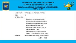 UNIVERSIDAD NACIONAL DE CAJAMARCA
FACULTAD DE CIENCIAS DE LA SALUD
ESCUELA ACADÉMICO PROFESIONAL DE ENFERMERÍA
FILIAL- JAÉN
ASIGNATURA : ENFERMERÍA MATERNO INFANTIL I
CICLO : VI
INTEGRANTES :
ESPINOZA GONZALEZ MARISOL
FERNANDEZ DELGADO JHAN CARLOS
HUANCAS CORDOVA MARIA OLINDA
MIRES VASQUEZ YOBERLITA
PASAPERA TINEO SHIRLEY LISETH
SALDAÑA PEÑA JUAN
SÁNCHEZ RAMOS ELINA YOSELIN
ZAMATA SANCHEZ MANUEL ORLANDO
DOCENTE : LIC. EDITA FRANCISCA DIAZ VILLANUEVA
JAÉN – 2021
 