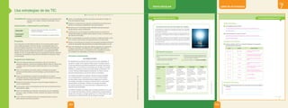 LIBRO DE ACTIVIDADES
TEXTO ESCOLAR
PROPUESTA DE TRABAJO
RÚBRICA DE EVALUACIÓN
Criterios a evaluar Excelente Satisfactorio En proceso Iniciado
Fechas Todos	los	eventos	
fueron	ubicados	
correctamente	en	la	
línea	de	tiempo	(día/
mes/año).
La	mayoría	de	
los	eventos	
fueron	ubicados	
correctamente	en	la	
línea	de	tiempo	(día/
mes/año).
Menos	de	la	mitad	
de	los	eventos	
fueron	ubicados	
correctamente	en	la	
línea	de	tiempo	(día/
mes/año).
Ningún	evento	
fue	ubicado	
correctamente	en	la	
línea	de	tiempo	(día/
mes/año).
Recursos La	línea	de	tiempo	
presenta	por	lo	menos	
de	8	a	10	eventos	
relacionados	con	el	
tema.
La	línea	de	tiempo	
presenta	por	lo	menos	
de	6	a	7	eventos	
relacionados	con	el	
tema.
La	línea	de	tiempo	
presenta	por	lo	menos	
5	eventos	relacionados	
con	el	tema.
La	línea	de	tiempo	
presenta	menos	de	5	
eventos.
Imágenes Todas	las	imágenes	
son	apropiadas	y	
adecuadas.
Todas	las	imágenes	
son	apropiadas,	pero	
hay	muy	pocas	o	
muchas	de	ellas.
Algunas	imágenes	son	
apropiadas	y	su	uso	es	
adecuado.
Muchas	de	las	
imágnes	no	son	
adecuadas.
Transferencia de electricidad sin cables
La	tecnología	que	nos	rodea	se	ha	ido	volviendo	más	portátil	y	con	menos	cables.	
Lo	último	que	falta	por	eliminar	es	la	necesidad	de	enchufar	estos	dispositivos	
para	recargarlos	de	energía.
Un	equipo	de	investigadores	del	Instituto	Tecnológico	de	Massachusetts	(MIT),	en	
Estados	Unidos,	ha	conseguido	transmitir	energía	entre	dispositivos	sin	necesi-
dad	de	cables.
Este	experimento	consistió	en	suministrar	electricidad	a	un	foco	de	60	watts	desde	
	
2	metros	de	distancia,	durante	24	horas	seguidas.	Es	decir,	se	ha	conseguido	
cómo	 transmitir	 la	 electricidad	 por	 el	 aire,	 lo	 mismo	 que	 hace	 el	 wifi	 con	 las	
conexiones	a	internet.
Los	investigadores	han	llamado	a	su	descubrimiento	witricity	(witricidad),	unión	
de	las	palabras	wireless	(sin	hilos)	y	electricity,	un	gran	avance	para	la	humanidad.	
Busca	información	sobre	la	electricidad	a	lo	largo	de	la	
historia.
1.	 Elabora	un	resumen	de	los	grandes	avances	y	
descubrimientos	de	la	electricidad.
2.	 Utiliza	la	información	encontrada	para	elaborar	una	
línea	de	tiempo.	Puedes	utilizar	programas	en	línea,	
como	Line,	myHistro	o	TimeRine.
	 Desarrolla	la	página	141	del	Libro de actividades.
USA ESTRATEGIAS DE LAS TIC
Shutterstock
160
©
Santillana
S.
A.
Prohibido
fotocopiar.
D.
L.
822
Book 1.indb 160 8/9/16 11:41 AM
USA ESTRATEGIAS DE LAS TIC
Revisión de literatura
1 ¿Qué propiedad presenta el ámbar?
____________________________________________________________________
____________________________________________________________________
2 ¿Cuál fue el aporte de L. Galvani y H. Orsterd?
____________________________________________________________________
____________________________________________________________________
Organización de resultados
3 Completa el siguiente cuadro con la información obtenida de los más grandes
descubrimientos de la electricidad.
Fechas Nombres Descubrimientos
Elaboración del producto
4 Aporta una reflexión personal acerca de la electricidad, los avances tecnológicos y
la sociedad.
____________________________________________________________________
____________________________________________________________________
____________________________________________________________________
640	a.C	-	546	a.	C
1791	-	1872
Planteó la ley de Ohm, que relaciona la
resistencia, intensidad y diferencia potencial.
1789	-	1854 G.S.	Ohm
Inventó la pila de Volta, la cual era capaz de
producir cargas eléctricas.
1747	-	1827 A. Volta
Estudio los efectos de la electricidad en
animales.
L.	Galvani
1737	-	1798
Experimentó con cometas en una tormenta
con la intención de capturar electricidad.
B. Franklin
1736	-	1806
Investigó sobre las fuerzas eléctricas entre
cargas.
C. A. Coulomb
1706	-	1790
Describió	los	fenómenos	de	atracción	
utilizando ámbar.
Tales de Mileto
1847	-	1931 T. A. Edison
S. Morse
Respuesta libre
Realizó múltiples inventos.
Desarrolló	el	telégrafo.
Galvani	estudió	la	electricidad	en	los	animales	y	Orsterd	relacionó	la	corriente	eléctrica	en	imanes,	
dando inicio al electromagnetismo.
Una de sus propiedades es la de atracción, ya que al ser frotada con un pedazo de lana puede
atraer objetos pequeños.
141
UNIDAD 7
©
Santillana
S.
A.
Prohibido
fotocopiar.
D.
L.
822
Book 1.indb 141 8/8/16 9:15 AM
Usa estrategias de las TIC
Competencia: Explica el mundo físico basándose en conocimientos sobre
los seres vivos; materia y energía; biodiversidad, Tierra y
universo.
Capacidades y desempeños precisados
Capacidad
•	 Evalúa las implicancias del saber y del quehacer
científico y tecnológico.
Desempeño
precisado
•	 Formula conclusiones basadas en su postura personal.
Propósito
Como respuesta a las demandas sociales de una conciencia global surge la
cultura digital expresada en entornos virtuales. Los estudiantes están en el
centro de múltiples conexiones, como internet y otros medios propiciados por
las tecnologías de la información y la comunicación (TIC). Estas tecnologías
plantean nuevas prácticas sociales de interacción y de representación de la
realidad. Por ello, la escuela debe propiciar una participación gradual, sostenida
y orientadora del estudiante en tales entornos. (Ministerio de Educación, Rutas
del Aprendizaje)
Sugerencias didácticas
	 Activar los saberes previos de los estudiantes. Para ello, formular las
siguientes preguntas: ¿Qué tipo de energías podemos utilizar en nuestra casa
o colegio? ¿Qué acciones pueden realizar para reducir el uso de energía
eléctrica?
	 Pedir a los estudiantes que formen parejas y solicitarles que busquen
acciones concretas sobre el uso de la energía y que las escriban en hojas
bond A4.
	 Animar a los estudiantes a compartir sus respuestas con los demás
compañeros del aula. Durante este momento debemos propiciar un ambiente
de respeto y tolerancia entre los alumnos.
	 Mencionar la importancia de buscar nuevas tecnologías amigables con
nuestro medioambiente.
	 Formar grupos y pedir a los estudiantes que lean sobre la transferencia de la
electricidad sin cables.
	 Pedir a los estudiantes que comenten lo que leyeron con sus compañeros
del grupo. Luego, brindarles el tiempo necesario para realizar la actividad
propuesta.
	 Leer la rúbrica de evaluación para que los estudiantes sepan lo que se
espera de ellos al terminar la actividad.
	 Indicar a los estudiantes el tiempo que tendrán para realizar el trabajo y la
fecha de entrega del trabajo.
	 Enfatizar en la importancia de organizar correctamente los eventos que se
tomarán en cuenta para la elaboración de la línea de tiempo.
	 Mencionar que en la actualidad existen diferentes maneras de generar
energía eléctrica menos contaminante.
	 Comentar que el uso de energías renovables puede ser una solución al
calentamiento global que agobia nuestro planeta; por ello, la importancia de
usar este tipo de energías.
	 Pedir a los estudiantes que busquen información en diferentes fuentes, como
libros, revistas o internet sobre los descubrimientos de la electricidad.
	 Solicitar a los estudiantes que resuelvan las actividades propuestas teniendo en
cuenta los más grandes descubrimientos de la electricidad hasta hoy en día.
	 Pedir a los estudiantes que respondan algunas preguntas de coevaluación
al finalizar la actividad: ¿Consideras que tu compañero logró aplicar lo
aprendido anteriormente? ¿La comparación de tu compañero fue activa?
¿Tu compañero fue responsable en las tareas encomendadas?
Información complementaria
Las energías renovables
Son aquellas que se producen de forma continua y son inagotables. El
sol está en el origen de la mayoría de ellas porque su energía causa en
la Tierra las diferencias de presión que generan los vientos, fuente de la
energía eólica. El sol ordena el ciclo del agua que da origen a la energía
hidráulica. Las plantas se sirven del sol para realizar la fotosíntesis, vivir
y crecer. Toda esa materia vegetal es la biomasa. Por último, el sol se
aprovecha directamente en dos formas: térmica y fotovoltaica.
Las energías renovables son, además, fuentes de energía amigables
con el medioambiente. La generación y el consumo de las energías
convencionales causan importantes efectos negativos en el entorno.
Las energías renovables no producen emisiones de CO2
y otros gases
contaminantes a la atmósfera. Asimismo, las energías renovables
son fuentes autóctonas, por lo que disminuyen la dependencia de la
importación de combustibles.
Las fuentes renovables de energía que se pueden aprovechar en el país
son: energía solar fotovoltaica y térmica, energía eólica, energía hidráulica,
energía de la biomasa y energía geotérmica. En el Perú existe un gran
potencial para el aprovechamiento de las energías renovables.
Texto escolar (pág. 160) Libro de actividades (pág. 141)
255
254
Unidad
7
©
Santillana
S.
A.
Prohibida
su
reproducción.
D.
L.
822
 