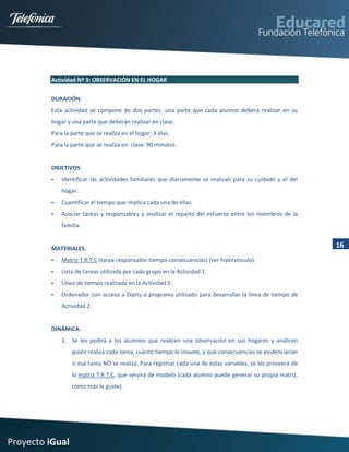 Actividad Nº 3: OBSERVACIÓN EN EL HOGAR


         DURACIÓN:
         Esta actividad se compone de dos partes: una parte que cada alumno deberá realizar en su
         hogar y una parte que deberán realizar en clase.
         Para la parte que se realiza en el hogar: 3 días.
         Para la parte que se realiza en clase: 90 minutos.


         OBJETIVOS:
            Identificar las actividades familiares que diariamente se realizan para su cuidado y el del
             hogar.
            Cuantificar el tiempo que implica cada una de ellas.
            Asociar tareas y responsables y analizar el reparto del esfuerzo entre los miembros de la
             familia.


         MATERIALES:                                                                                          16
            Matriz T.R.T.C (tarea-responsable-tiempo-consecuencias) (ver hipervínculo).
            Lista de tareas utilizada por cada grupo en la Actividad 1.
            Línea de tiempo realizada en la Actividad 2.
            Ordenador con acceso a Dipity o programa utilizado para desarrollar la línea de tiempo de
             Actividad 2.


         DINÁMICA:
             1. Se les pedirá a los alumnos que realicen una observación en sus hogares y analicen
                 quién realiza cada tarea, cuánto tiempo le insume, y qué consecuencias se evidenciarían
                 si esa tarea NO se realiza. Para registrar cada una de estas variables, se les proveerá de
                 la matriz T.R.T.C, que servirá de modelo (cada alumno puede generar su propia matriz,
                 como más le guste).




Proyecto iGual
 