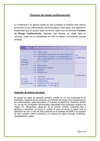 Página| 39
Factores de riesgo cardiovascular
La modificación de algunos estilos de vida constituye un aspecto clave para la
prevención de las enfermedades cardiovasculares. Para lograr este objetivo es
fundamental que el usuario logre reconocer cuáles son los llamados Factores
de Riesgo Cardiovascular. Mientras más factores de riesgo tiene un
individuo, mayor es su probabilidad de sufrir un infarto o un accidente vascular
cerebral.
Detección de factores de riesgo
El equipo de salud de atención primaria cumple un rol muy importante en la
detección y registro de las personas con factores de riesgo en la prevención de
las enfermedades cardiovasculares. El Examen de Medicina Preventiva (EMP)
es una de las principales herramientas disponibles para pesquisar factores de
riesgo CV: tabaquismo, elevación de la presión arterial, colesterol total y
glicemia y obesidad. La Figura 2, señala el curso de acción a seguir ante la
detección de uno o más de estos factores en el contexto del EMP o en ocasión
de otro contacto entre el paciente y el sistema de salud (consulta morbilidad,
hospitalización, otros).
 