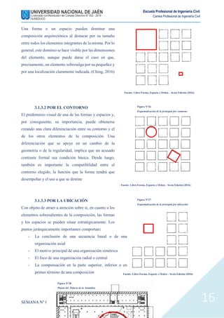 SEMANA N° 03 – ARQUITECTURA
Escuela Profesional de Ingeniería Civil
Carrera Profesional de Ingeniería Civil
16
Una forma o un espacio pueden dominar una
composición arquitectónica al destacar por su tamaño
entre todos los elementos integrantes de la misma. Por lo
general, este dominio se hace visible por las dimensiones
del elemento, aunque puede darse el caso en que,
precisamente, un elemento sobresalga por su pequeñez y
por una localización claramente indicada. (Ching, 2016)
3.1.3.2 POR EL CONTORNO
El predominio visual de una de las formas y espacios y,
por consiguiente, su importancia, puede obtenerse
creando una clara diferenciación entre su contorno y el
de los otros elementos de la composición. Una
diferenciación que se apoye en un cambio de la
geometría o de la regularidad, implica que un acusado
contraste formal sea condición básica. Desde luego,
también es importante la compatibilidad entre el
contorno elegido, la función que la forma tendrá que
desempeñar y el uso a que se destine
3.1.3.3 POR LA UBICACIÓN
Con objeto de atraer a atención sobre si, en cuanto a los
elementos sobresalientes de la composición, las formas
y los espacios se pueden situar estratégicamente. Los
puntos jerárquicamente importantes comportan:
- La conclusión de una secuencia lineal o de una
organización axial
- El motivo principal de una organización simétrica
- El foco de una organización radial o central
- La compensación en la parte superior, inferior o en
primer término de una composición
Fuente: Libro Forma, Espacio y Orden – Sexta Edición (2016)
Figura N°26
Esquematización de la jerarquía por contorno
Fuente: Libro Forma, Espacio y Orden – Sexta Edición (2016)
Figura N°27
Esquematización de la jerarquía por ubicación
Fuente: Libro Forma, Espacio y Orden – Sexta Edición (2016)
Figura N°28
Planta del Palacio de la Asamblea
 