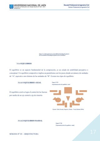 SEMANA N° 03 – ARQUITECTURA
Escuela Profesional de Ingeniería Civil
Carrera Profesional de Ingeniería Civil
17
3.1.4 EQULIBRIO
El equilibrio es un aspecto fundamental de la composición, es un estado de estabilidad perceptiva o
conceptual. Un equilibrio compositivo implica un paralelismo con los pesos donde un número de unidades
de “A”, equivale a otro distinto de las unidades de “B”. Existen tres tipos de equilibrio:
3.1.4.1 EQUILIBRIO AXIAL
El equilibrio axial se logra el control de las fuerzas
por medio de un eje central o eje de simetría
3.1.4.2 EQUILIBRIO RADIAL
https://es.wikiarquitectura.com/edificio/chandigarh-palacio-
de-la-asamblea/#chandigarh-palacio-de-la-asamblea
Figura N°29
Esquematización del equilibrio axial
Fuente: Libro Forma, Espacio y Orden – Sexta Edición (2016)
Figura N°30
Esquematización del equilibrio radial
 