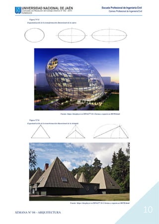 Escuela Profesional de Ingeniería Civil
Carrera Profesional de IngenieríaCivil
Figura N°13
Esquematización de la transformación dimensional de la esfera
Fuente: https://docplayer.es/20516377-D-1-forma-y-espacio-ar-00198.html
Figura N°14
Esquematización de la transformación dimensional de la pirámide
SEMANA N° 04 – ARQUITECTURA
Fuente: https://docplayer.es/20516377-D-1-forma-y-espacio-ar-00198.html
10
 