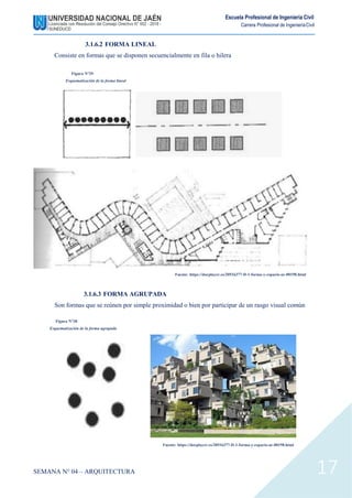 Escuela Profesional de Ingeniería Civil
Carrera Profesional de IngenieríaCivil
3.1.6.2 FORMA LINEAL
Consiste en formas que se disponen secuencialmente en fila o hilera
Figura N°29
Esquematización de la forma lineal
Fuente: https://docplayer.es/20516377-D-1-forma-y-espacio-ar-00198.html
3.1.6.3 FORMA AGRUPADA
Son formas que se reúnen por simple proximidad o bien por participar de un rasgo visual común
Figura N°30
Esquematización de la forma agrupada
SEMANA N° 04 – ARQUITECTURA
Fuente: https://docplayer.es/20516377-D-1-forma-y-espacio-ar-00198.html
17
 