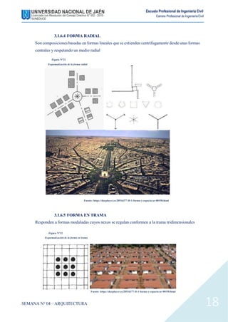 Escuela Profesional de Ingeniería Civil
Carrera Profesional de IngenieríaCivil
3.1.6.4 FORMA RADIAL
Son composiciones basadas en formas lineales que se extienden centrífugamente desde unas formas
centrales y respetando un medio radial
Figura N°31
Esquematización de la forma radial
Fuente: https://docplayer.es/20516377-D-1-forma-y-espacio-ar-00198.html
3.1.6.5 FORMA EN TRAMA
Responden a formas moduladas cuyos nexos se regulan conformen a la trama tridimensionales
Figura N°32
Esquematización de la forma en trama
SEMANA N° 04 – ARQUITECTURA
Fuente: https://docplayer.es/20516377-D-1-forma-y-espacio-ar-00198.html
18
 