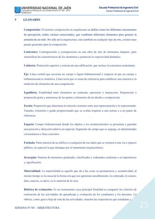 Escuela Profesional de Ingeniería Civil
Carrera Profesional de IngenieríaCivil
5 GLOSARIO
Composición: El termino composición en arquitectura se define como los diferentes mecanismos
de percepción, orden, incluso emocionales, que combinan diferentes elementos para generar la
armonía de un todo. No sólo en la arquitectura, sino también en cualquier tipo de arte, existen unas
pautas generales para la composición.
Contrastes: Contraposición o yuxtaposición en una obra de arte de elementos dispares, para
intensificar las características de los elementos y potenciar la expresividad dinámica.
Cubierta: Protección superior y externa de una edificación, que incluye la estructura sustentante.
Eje: Línea central que secciona un cuerpo o figura bidimensional o respecto al que un cuerpo o
tridimensional es simétrica. Línea recta que se toma de referencia para establecer una simetría o la
medición de elementos de una composición.
Equilibrio: Estabilidad entre elementos en contraste, oposición o interacción. Disposición o
proporción grata y armoniosa de las partes o elementos de un diseño o composición.
Escala: Proporción que determina la relación existente entre una representación y lo representado.
Tamaño, extensión o grado proporcionado que se evalúa respecto a una norma o a un punto de
referencia.
Espacio: Campo tridimensional donde los objetos y los acontecimientos se presentan y guardan
una posición y dirección relativa en especial, fragmento de campo que se segrega, en determinadas
circunstancia o fines concretos.
Fachada: Parte anterior de un edificio o cualquiera de sus lados que se orienten a una via o espacio
público, en especial la que destaque por el tratamiento arquitectónico.
Jerarquía: Sistema de elementos graduados, clasificados y ordenados conforme a su importancia
y significación.
Materialidad: La materialidad es aquello que da a las cosas su permanencia y sustantividad, al
mismo tiempo es la causa de la forma con que nos apremian sensiblemente, lo coloreado, lo sonoro,
duro, macizo, es decir, es lo material de la cosa.
Rúbrica de evaluación: Es un instrumento cuya principal finalidad es compartir los criterios de
realización de las actividades de aprendizaje y evaluación de los estudiantes y los docentes. La
rúbrica, como guía u hoja de ruta de las actividades, muestra las expectativas que estudiante y
SEMANA N° 04 – ARQUITECTURA 25
 
