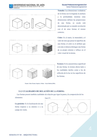 Escuela Profesional de Ingeniería Civil
Carrera Profesional de IngenieríaCivil
Fuente: Libro Forma, Espacio y Orden – Sexta Edición (2016)
Tamaño: Las dimensiones verdaderas
de la forma son la longitud, la anchura
y la profundidad, mientras estas
dimensiones definen las proporciones
de una forma, su escala está
determinada por su tamaño enrelación
con el de otras formas el mismo
contexto.
Color: Es el matiz, la intensidad y el
valor de tono que posee la superficie de
una forma; el color es el atributo que
con más evidencia distingue una forma
de su propio entorno e influye en el
valor visual de la misma.
Textura: Es la característica superficial
de una forma, la textura afecta tanto a
las cualidades táctiles como a las de
reflexión de la luz en las superficies de
las formas.
3.1.2 CUALIDADES DE RELACIÓN DE LA FORMA
Las formas poseen también cualidades de relación que rigen la pauta y la composición de los
elementos.
La posición: Es la localización de una
forma respecto a su entorno o a su
campo de visión.
Figura N°2
Cualidades de relación de la forma
SEMANA N° 04 – ARQUITECTURA
4
 