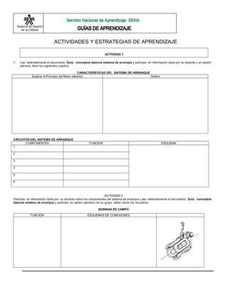 Sistema de Gestión
de la Calidad
ACTIVIDADES Y ESTRATEGIAS DE APRENDIZAJE
ACTIVIDAD 1
1. Lea detenidamente el documento Guía conceptos básicos sistema de arranque y participe en información dada por su docente y en sesión
plenaria, llene los siguientes cuadros
CARACTERÍSTICAS DEL SISTEMA DE ARRANQUE
Explicar el Principio del Motor eléctrico Gráfico
CIRCUITOS DEL SISTEMA DE ARRANQUE
COMPONENTES FUNCION ESQUEMA
1
2
3
4
5
6
ACTIVIDAD 2
Participe en información dada por su docente sobre los componentes del sistema de arranque y lea detenidamente el documento Guía conceptos
básicos sistema de arranque y participe en sesión plenaria con su grupo debe Llenar los recuadros.
BOBINAS DE CAMPO
FUNCIÓN ESQUEMAS DE CONEXIONES
 