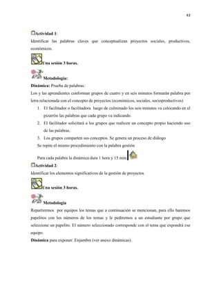 43
Actividad 1:
Identificar las palabras claves que conceptualizan proyectos sociales, productivos,
económicos.
Una sesión 3 horas.
Metodología:
Dinámica: Prueba de palabras:
Los y las aprendientes conforman grupos de cuatro y en seis minutos formarán palabra por
letra relacionada con el concepto de proyectos (económicos, sociales, socioproductivos)
1. El facilitador o facilitadora luego de culminado los seis minutos va colocando en el
pizarrón las palabras que cada grupo va indicando.
2. El facilitador solicitará a los grupos que realicen un concepto propio haciendo uso
de las palabras.
3. Los grupos comparten sus conceptos. Se genera un proceso de diálogo
Se repite el mismo procedimiento con la palabra gestión
Para cada palabra la dinámica dura 1 hora y 15 min.
Actividad 2:
Identificar los elementos significativos de la gestión de proyectos
Una sesión 3 horas.
Metodología
Repartiremos por equipos los temas que a continuación se mencionan, para ello haremos
papelitos con los números de los temas y le pediremos a un estudiante por grupo que
seleccione un papelito. El número seleccionado corresponde con el tema que expondrá ese
equipo.
Dinámica para exponer: Enjambre (ver anexo dinámicas).
 