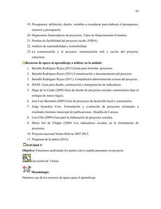 67
19. Presupuesto: definición, diseño, variables a considerar para elaborar el presupuesto,
recursos y presupuesto.
20. Organismos financiadores de proyectos, Tipos de financiamiento Formatos.
21. Pruebas de factibilidad del proyecto (acido, FODA).
22. Análisis de sustentabilidad y sostenibilidad.
23. La comunicación y el proyecto: comunicación oral y escrita del proyecto,
estructura.
Recursos de apoyo al aprendizaje a utilizar en la unidad:
1. Betsabé Rodríguez Reyes (2011),Guía para formular proyectos.
2. Betsabé Rodríguez Reyes (2011).Comunicación y documentación del proyecto.
3. Betsabé Rodríguez Reyes (2011). Compilación administración exitosa del proyecto.
4. DANE. Guía para diseño, construcción e interpretación de indicadores.
5. Hugo de la Cerda (2009) Guía de diseño de proyectos sociales comunitarios bajo el
enfoque de marco lógico.
6. José Luis Bernardo (2005) Guía de proyectos de desarrollo local y comunitario.
7. Jorge González Caro. Formulación y evaluación de proyectos orientados a
resultados Instituto municipal de publicaciones. Alcaldía de Caracas.
8. Luis Ulla (2009) Guía para la elaboración de proyectos sociales.
9. María Sol de Filippo (2008) Los indicadores sociales en la formulación de
proyectos.
10. Proyecto nacional Simón Bolívar 2007-2013.
11. Programa de la patria (2012).
Actividad 1:
Objetivo: Estaremos analizando los puntos clave cuando pensamos en proyecto
Una sesión de 3 horas.
Metodología:
Haremos uso de los recursos de apoyo para el aprendizaje.
 