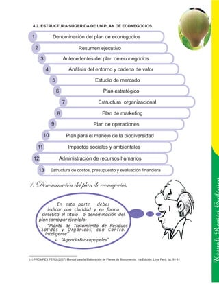 4.2. ESTRUCTURA SUGERIDA DE UN PLAN DE ECONEGOCIOS.

 1                 Denominación del plan de econegocios

     2                              Resumen ejecutivo

         3                 Antecedentes del plan de econegocios

              4                 Análisis del entorno y cadena de valor

                  5                             Estudio de mercado

                      6                               Plan estratégico

                           7                      Estructura organizacional

                      8                              Plan de marketing

                  9                            Plan de operaciones

           10                  Plan para el manejo de la biodiversidad

      11                       Impactos sociales y ambientales

  12                      Administración de recursos humanos

         13       Estructura de costos, presupuesto y evaluación financiera


1. Denominación del plan de econegocios.

                   En esta parte debes
             indicar con claridad y en forma
          sintética el título o denominación del
         plan como por ejemlplo:                                                                                  Ucayali Región
         ?   “Planta de Tratamiento de Residuos
          Sólidos y Orgánicos, con Control
            Inteligente”
                  ? “Agencia Buscapapeles”


(1) PROMPEX PERÚ (2007) Manual para la Elaboración de Planes de Biocomercio. 1ra Edición. Lima Perú. pp. 9 - 61
 