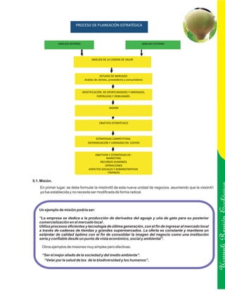 PROCESO DE PLANEACIÓN ESTRATÉGICA



               ANÁLISIS INTERNO                                                   ANÁLISIS EXTERNO




                                        ANÁLISIS DE LA CADENA DE VALOR




                                                 ESTUDIO DE MERCADO
                                   Análisis de clientes, proveedores y consumidores



                                  IDENTIFICACIÓN DE OPORTUNIDADES Y AMENAZAS,
                                             FORTALEZAS Y DEBILIDADES



                                                       MISIÓN




                                               OBJETIVO ESTRATÉ GICO




                                            ESTRATEGIAS COMPETITIVAS.
                                      DIFERENCIACIÓN Y LIDERAZGO EN COSTOS



                                          OBJETIVOS Y ESTRATEGIAS DE :
                                                  MARKETING
                                              RECURSOS HUMANOS
                                                 OPERACIONES
                                      ASPECTOS SOCIALES Y ADMINISTRATIVOS
                                                   FINANZAS

5.1. Misión.
    En primer lugar, se debe formular la misión40 de esta nueva unidad de negocios, asumiendo que la visión41
    ya fue establecida y no necesita ser modificada de forma radical.



    Un ejemplo de misión podría ser:


                                                                                                                Ucayali Región
    “La empresa se dedica a la producción de derivados del aguaje y uña de gato para su posterior
    comercialización en el mercado local .
    Utiliza procesos eficientes y tecnología de última generación, con el fin de ingresar al mercado local
    a través de cadenas de tiendas y grandes supermercados. La oferta es constante y mantiene un
    estándar de calidad óptimo con el fin de consolidar la imagen del negocio como una institución
    seria y confiable desde un punto de vista económico, social y ambiental”.

     Otros ejemplos de misiones muy simples pero efectivas:

     “Ser el mejor aliado de la sociedad y del medio ambiente”.
      “Velar por la salud de los de la biodiversidad y los humanos”.
 