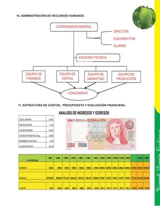 10. ADMINISTRACIÓN DE RECURSOS HUMANOS.


                                          COORDINADOR GENERAL
                                                                                                                     DIRECTOR

                                                                                                                     SUB DIRECTOR

                                                                                                                     ALUMNO


                                                                        ASESORÍA TÉCNICA



            EQUIPO DE                         EQUIPO DE                            EQUIPO DE                              EQUIPO DE
            FINANZAS                           VENTAS                              MARKETING                             PRODUCCIÓN



                                                         CONSUMIDOR


11. ESTRUCTURA DE COSTOS, PRESUPUESTO Y EVALUACIÓN FINANCIERA.

                                             ANALISIS DE INGRESOS Y EGRESOS
 COSTO UNITARIO                  0,0947

 PRECIO DE VENTA                  0,125

 UTILIDAD UNITARIA               0,0303

 UTILIDAD POR BACH DE 25 Kg      34,868

 RENDIMIENTO POR SACO             2304

 UTILIDAD POR SACO               69,736




            FLUJO DE CAJA
                               1 MES      2 MES     3 MES     4 MES     5 MES     6 MES     7 MES   8 MES 9 MES 10 MES 11 MES 12 MES        1 AÑO   2 AÑO 3 AÑO       Ucayali Región
 INGRESOS                        3920,0    8400,0    9600,0   12000,0   14400,0   18000,0   21600,0 24000,0 24000,0 24000,0 24000,0 24000,0 207.920 292.000 292.000



 EGRESOS                      2970,8216   6366,046 7275,481 9094,352 10913,22 13641,53 16369,83 18188,7 18188,7 18188,7 18188,7 18188,7 157.575 221.296 221.296



 UTILIDAD                         949,2    2034,0    2324,5    2905,6    3486,8    4358,5    5230,2 5811,3 5811,3 5811,3 5811,3 5811,3 50.345 70.704 70.704
 