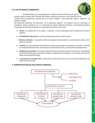 8. PLAN DE MANEJO AMBIENTAL.

               El deshidratado es una tecnología que no afecta al medio ambiente por lo que los
  secados utilizan energía solar (Energía Renovable), además las cáscaras y otros desechos de la
  materia prima se prepararán compost que es un abono orgánico para desarrollar cultivos orgánicos de
  especies frutales .
  Los beneficios esperados del desarrollo de la agricultura orgánica de especies como la carambola, la
  guanabana, la piña, el páatano, etc. en los terrenos de nuestra institución educativa que permitirá proteger la
  contaminación del suelo y la mejora en la seguridad a limentaria y otros como:

     o   Abono: La putrefacción de las hojas y cáscaras en las composteras para la producción de abono
         orgánico.

     o   Estabilización del suelo: El crecimiento lateral de las raíces evita la erosión.

     ? asociados: Se pueden cultivar las especies mencionadas con otros diversos cultivos como
     Cultivos
         plátanos, maíz etc.

     o   Jardines: Con la proliferación de la jardinería tropical, la guanabana, la caranbola se puede convertido
         en una especie de ornamento, sobre todo por su hoja siempre verde, y por la sombra que proporciona.

     o   Refugio para animales: Con la gran cantidad de frutos que produce, éste se convierte en una excelente
         fuente de nutrición para los animales salvajes y los pájaros de los bosques. Por otro lado, sirve de nido
         para muchas especies de aves.

     o   La presencia de energía solar es favorable durante todo el año lo cual nos permitirá deshidratar las
         frutas de manera limpia.

9. ADMINISTRACIÓN DE RECURSOS HUMANOS.


                               COORDINADOR GENERAL
                                                                                    DIRECTOR

                                                                                    SUB DIRECTOR

                                                                                    ALUMNO


                                                    ASESORÍA TÉCNICA



     EQUIPO DE                     EQUIPO DE                EQUIPO DE                   EQUIPO DE                    Ucayali Región
     FINANZAS                       VENTAS                  MARKETING                  PRODUCCIÓN



                                          CONSUMIDOR
 