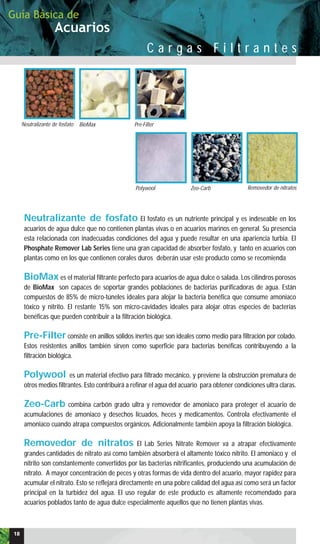 Acuarios
Guía Básica de
C a r g a s F i l t r a n t e s
Neutralizante de fosfato El fosfato es un nutriente principal y es indeseable en los
acuarios de agua dulce que no contienen plantas vivas o en acuarios marinos en general. Su presencia
esta relacionada con inadecuadas condiciones del agua y puede resultar en una apariencia turbia. El
Phosphate Remover Lab Series tiene una gran capacidad de absorber fosfato, y tanto en acuarios con
plantas como en los que contienen corales duros deberán usar este producto como se recomienda
BioMax es el material filtrante perfecto para acuarios de agua dulce o salada. Los cilindros porosos
de BioMax son capaces de soportar grandes poblaciones de bacterias purificadoras de agua. Están
compuestos de 85% de micro-túneles ideales para alojar la bacteria benéfica que consume amoniaco
tóxico y nitrito. El restante 15% son micro-cavidades ideales para alojar otras especies de bacterias
benéficas que pueden contribuir a la filtración biológica.
Pre-Filter consiste en anillos sólidos inertes que son ideales como medio para filtración por colado.
Estos resistentes anillos también sirven como superficie para bacterias benéficas contribuyendo a la
filtración biológica.
Polywool es un material efectivo para filtrado mecánico, y previene la obstrucción prematura de
otros medios filtrantes. Esto contribuirá a refinar el agua del acuario para obtener condiciones ultra claras.
Zeo-Carb combina carbón grado ultra y removedor de amoniaco para proteger el acuario de
acumulaciones de amoniaco y desechos licuados, heces y medicamentos. Controla efectivamente el
amoniaco cuando atrapa compuestos orgánicos. Adicionalmente también apoya la filtración biológica.
Removedor de nitratos El Lab Series Nitrate Remover va a atrapar efectivamente
grandes cantidades de nitrato así como también absorberá el altamente tóxico nitrito. El amoniaco y el
nitrito son constantemente convertidos por las bacterias nitrificantes, produciendo una acumulación de
nitrato. A mayor concentración de peces y otras formas de vida dentro del acuario, mayor rapidez para
acumular el nitrato. Esto se reflejará directamente en una pobre calidad del agua así como será un factor
principal en la turbidez del agua. El uso regular de este producto es altamente recomendado para
acuarios poblados tanto de agua dulce especialmente aquellos que no tienen plantas vivas.
18
BioMax Pre-Filter
Polywool Zeo-Carb
Neutralizante de fosfato
Removedor de nitratos
 