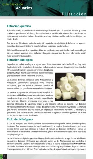 Filtración química
Activa el control y el cambio de características específicas del agua. Los medios filtrantes y varios
productos que eliminan el cloro y los medicamentos suministrados durante los tratamientos de
enfermedades, neutralizan los iones de metales pesados y efectúan cambios en la dureza del agua y los
niveles de pH.
Esta forma de filtración es particularmente útil cuando las características de la fuente de agua son
conocidas. (Lográndose fácilmente con el empleo de equipos de prueba básico.)
Materiales filtrantes químicos específicos deben ser empleados para optimizar las condiciones del agua
para los variados grupos de peces y plantas. Esto ayuda a asegurar que los peces y las plantas lucirán
mejor y estarán más saludables.
Filtración Biológica
La purificación biológica del agua se logra a través de varias cepas de bacterias benéficas. Hay varias
fuentes importantes productoras de desechos en la mayoría de acuarios. Los peces generan desechos
nitrogenados al respirar y producir excrementos. Las plantas
pierden sus hojas durante su crecimiento. Los invertebrados
y corales también vierten substancias orgánicas.
Las bacterias benéficas conocidas como Nitrosomonas y
Nitrobacter, comúnmente conocidas como bacterias
nitrificantes, que son aeróbicas prefieren colonizar el
sistema de filtración, que ofrece mayores niveles de oxígeno.
Los sistemas equipados con eficientes medios biológicos fil-
trantes como el Bio Max proveen a estas bacterias benéficas
con el ambiente perfecto. El agua que entra es pre-filtrada
con materiales filtrantes mecánicos proveyendo a las
bacterias nitrificantes de superficies limpias y una constante entrega de oxígeno. Las bacterias
nitrificantes utilizan como fuentes de energía dos componentes nitrogenados muy tóxicos, El amoniaco
y los nitritos; produciendo a su vez nitratos, un subproducto relativamente inofensivo. El nitrato (NO3
+
)
y el amonio (NH4
+
) son fácilmente controlados al cambiar el agua con frecuencia y pueden ser usados
por las plantas como fuente de alimento.
Ciclo del Nitrógeno
El ciclo del nitrógeno describe la conversión de componentes nitrogenados tóxicos, amoniaco y nitrito
en nitrato. Este proceso se encuentra comúnmente cuando se empieza instalar el acuario o si ciertos
eventos tienen lugar que eliminan o reducen el número de bacterias nitrificantes como los
medicamentos de tratamientos contra enfermedades, y fallas de mantenimiento de los filtros o cortes de
energía prolongados.
Las bacterias tardan algún tiempo en establecerse, Las bacterias nitrificantes se reproducen cada 8 horas.
Las primeras bacterias nitrificantes que colonizan suelen ser las Nitrosomonas que convierten el
amoniaco en nitrito. Esto tarda aproximadamente 10 días si al acuario no se le adiciona Nutrafin Cycle.
Los niveles de amoniaco durante esta etapa son a menudo tóxicos y las poblaciones de peces consisten
de unas pocas especies resistentes. Se recomiendan cambios de agua adicionales siempre asegurándose
Acuarios
Guía Básica de
F i l t r a c i ó n
8
 