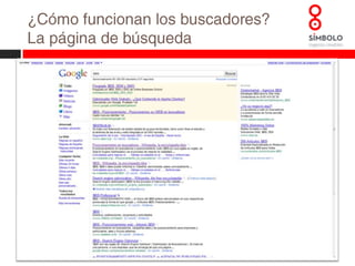 ¿Cómo funcionan los buscadores? La página de búsquedaBúsquedas segmentadas por tipo de contenidoResultados de pago: Campañas de Adwords.(SEM)UbicaciónOtros criterios de búsquedaResultados orgánicos. (SEO)
