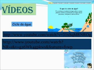 Vídeos
    Ciclo da água


http://www.youtube.com/watch?v=31xSqMRNROg
http://www.youtube.com/watch?
NR=1&v=g26Wk4gpkws&feature=fvwp
 