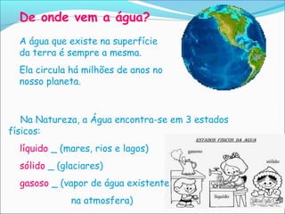 De onde vem a água?
  A água que existe na superfície
  da terra é sempre a mesma.
  Ela circula há milhões de anos no
  nosso planeta.



   Na Natureza, a Água encontra-se em 3 estados
físicos:
  líquido _ (mares, rios e lagos)
  sólido _ (glaciares)
  gasoso _ (vapor de água existente
              na atmosfera)
 